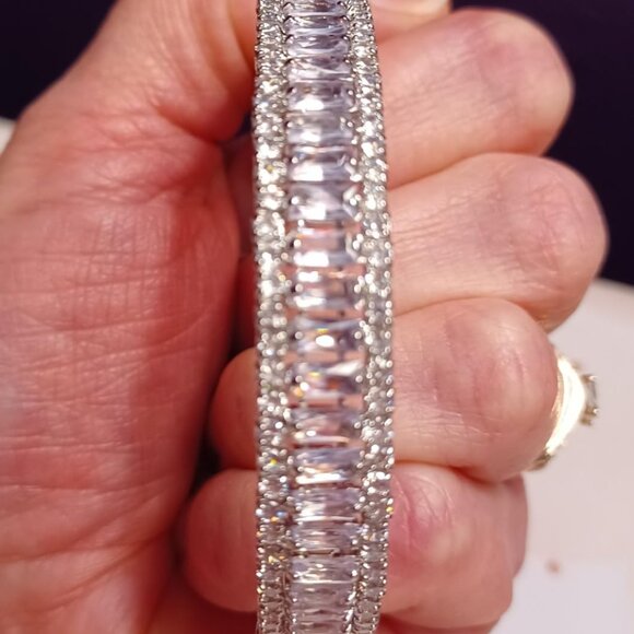 Neiman Marcus 18k White Gold Plated Square Luxury Sparkly CZ Cuff Bracelet - Picture 2 of 6